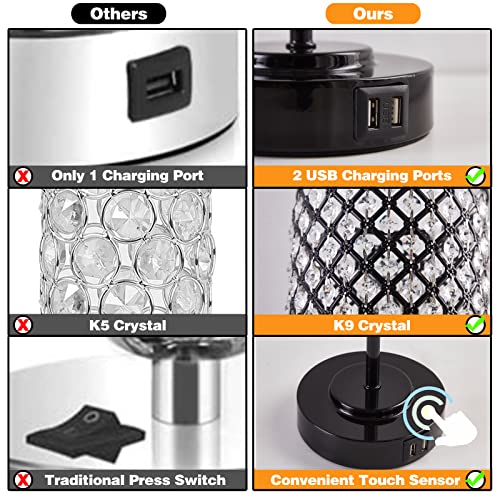 Gyrovu 76008C Crystal Touch Control Table Lamp With 2 Usb Charging Ports, 3-Way Dimmable Black Crystal Table Bedside Lamp Nightstand Desk Light thumb #5