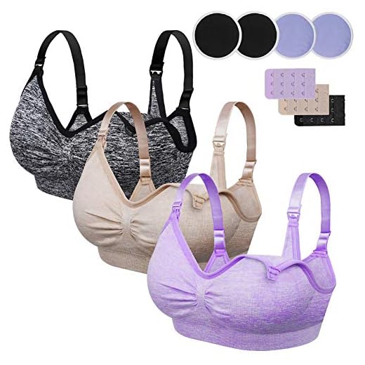 Rovtop 3-pack amnings-BH utan bygel, med avtagbar sele, förlängningsspänne, amningsstöd (lila, beige, mörkgrå)