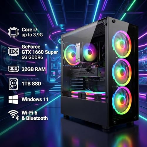 Image of STGAubron Gaming PC Desktop, Intel Core i7 up to 3.9GHz, GeForce GTX 1660 Super 6G, 32GB RAM, 1TB SSD, WiFi 6, BT 5.0, RGB Fan x 6, Windows 11 Home