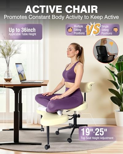 Image of PYY Cross Legged Office Chair - with Wrap-Around Armrest, 300lbs Load Capacity Meditation Chair with Wheels for Adults, Adjustable Height Yoga Chair, Ergonomic Chair for Home and Office