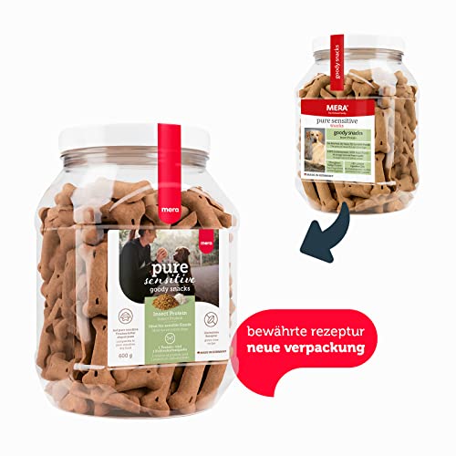 MERA Pure Sensitive Hundefutter & Pure Sensitive Goody Snack Insect, gesunde Leckerlis für Sensible Hunde, Hundeleckerli aus Insekten-Protein und Reis, Hundesnack glutenfrei zum Training (600 g)