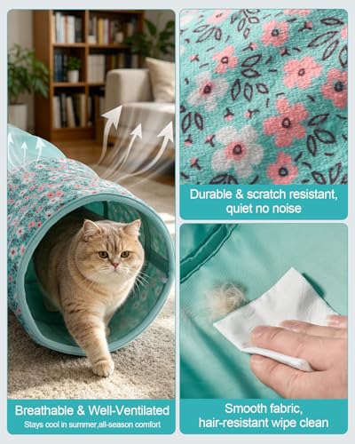 Image of Cat Tunnel, 3 Straight Shaped Tunnels 6 DIY Shapes with Wand Toys, No Noise Scratch Resistant Cool Linen Fabric, Interactive Pet Tunnel Tube for Indoor Cats, Puppy and Rabbits