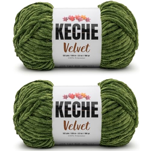 Image of Keche Velvet Yarn for Crocheting, Soft Chenille Bulky Baby Blanket Amigurumi Yarn 2x100 gr (2x132 yds) (2 Skeins) Grass
