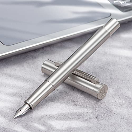 Image of Hongdian 1861 Stainless Steel Fountain Pen Fine Nib, Classic Design Smooth Writing Pen with Converter and Metal Pen Case Set
