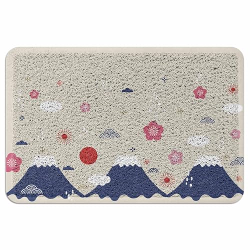 Ooomigasusi 玄関マット 和風 富士山 桜 花 波紋 ベージュバック ドアマット 45×75cm 屋内 屋外 ループ状 泥落とし 滑り止め付 吸水 足ふき 洗える 業務用 自宅用 厚手 浴室 お風呂 円角長方形 丈夫 抗菌 防臭
