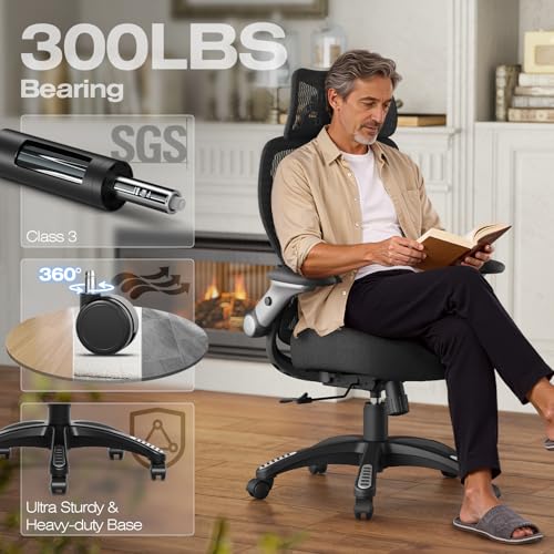 Image of ELABEST X100 Ergonomic Mesh Office Chair, Big and Tall Hone Desk Chair with 5D Flip-Up Arms, Adjustable 3D Lumbar Support,Gaming & Executive Computer Chairs for Long Hours, Padded Seat
