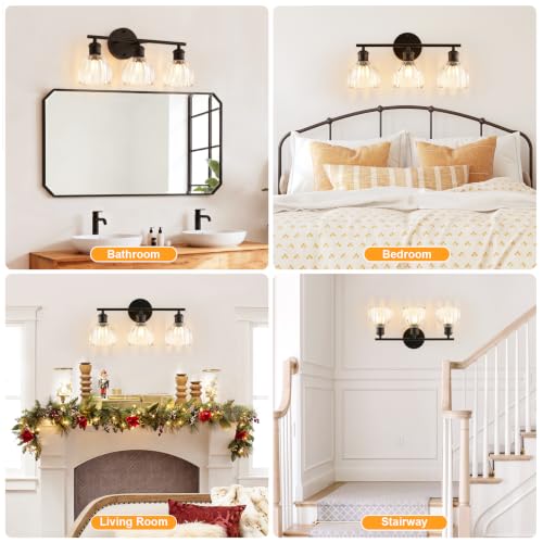 Image of Bathroom Light Fixtures, 3-Light Brushed Black Vanity Lights for Bathroom with Clear Tulip Glass Shade, 20 inch Vintage Bathroom Vanity Lighting Fixtures Over Mirror for Bedroom Living Room Hallway
