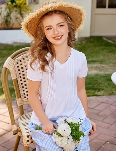 Image of Arshiner Girls Puff Short Sleeve Shirts Pleated Tunic Top Casual V Neck Summer Kids Blouse Tee
