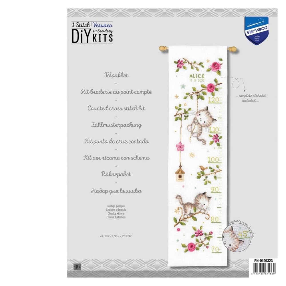 VERVACO Haft Krzyżykowy Liczony Zestaw Miarka Wzrostu dla Dzieci ZUCHWAŁE KOTKI Zrób to Sam Zestaw Kreatywny dla Dorosłych 18 x 70 cm Dekoracja Ścienna DIY Cross Stitch Kit