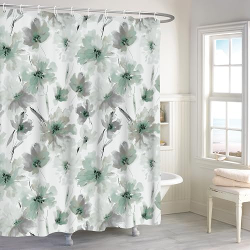Yanutan Green Gray Floral Shower Curtain,Green Grey Flower Shower Curtain Set for Bathroom,Natural Watercolor Flower Fabric Bath Curtain with Hooks, 72x72in by Yanutan - Used condition - US$12.94