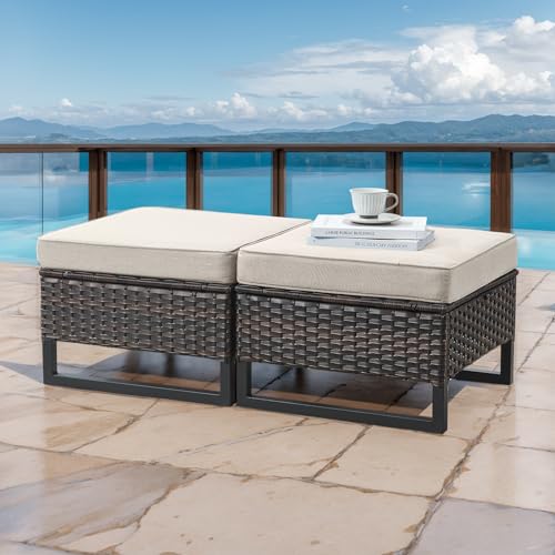 HUMMUH Outdoor Ottomans for Patio Set of 2 PE Wicker Outdoor Footstool with Removable Weather-Resistant Cushions for Patio, Backyard