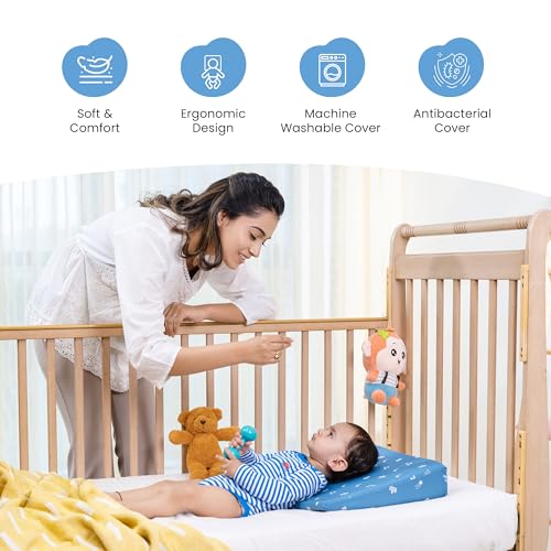 Image of Cherilo Half Size Elevated Wedge Baby Pillows for New Born, Pillow for Kids, Crib & Mattress, Prevents Acid Reflux, Colic, GERD, Heat Burn & Vomiting, 19 inch x 13.5 inch x 3.5 inch, With Cover, Star Design, Blue