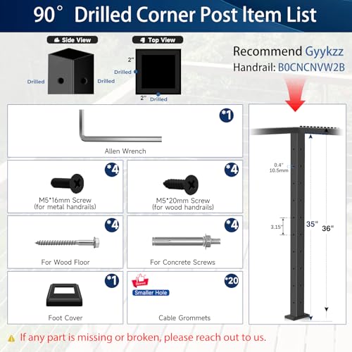 Image of 36 inch Cable Railing Corner Post, Fixed Top Mount 90 L-Drilled One Post Corner Solution, Stainless Steel T304 Heavy-Duty Handrail Corner Post, Matte Black Flat Top Deck Angle Post