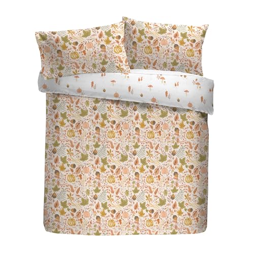 Dreams & Drapes Design Autumn Foliage Duvet Cover Set 52% Recycled Polyester 48% Cotton Double 200x200cm Natural Floral Pattern Reversible Orange