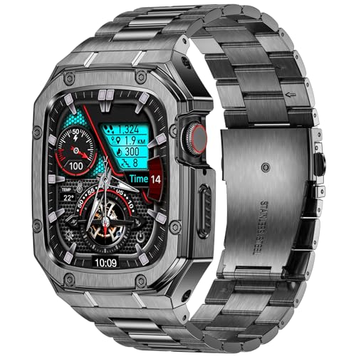 Image of BAITEYOU Stainless Steel Band with Case Compatible with Apple Watch Series SE 3 2 1 /6 5 4 (44mm), Series 3 2 1 (42mm), Metal Protective Bumper Rugged Cover for iWatch Bands Men (Grey)