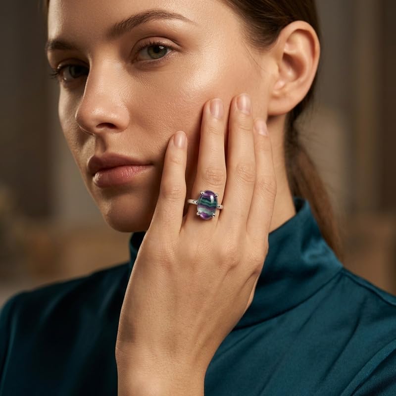 Meadows Natural Edelstein Ring 925 Sterling Silber Oval Cabochon Statement Ring Echter Handgefertigter Solitär Schmuck für Damen R-34