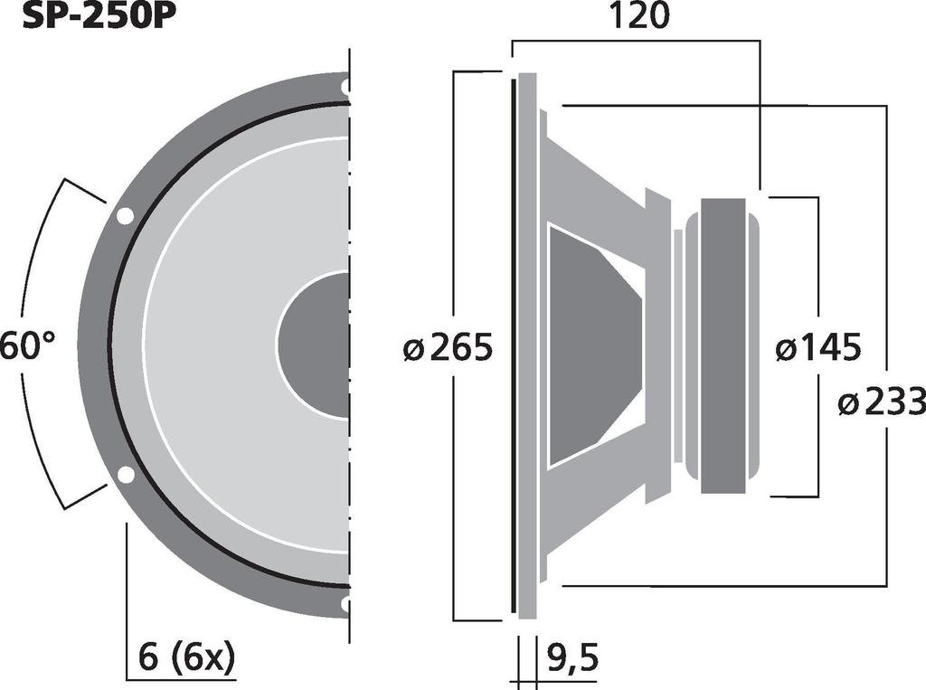 MONACOR SP-250P Tieftöner mit Polkernbohrung, 100 Watt Nennbelastbarkeit und einer Impedanz von 8 Ohm, Bass-Lautsprecher mit einer großen linearen Auslenkungsfähigkeit, 10 Zoll, in Schwarz
