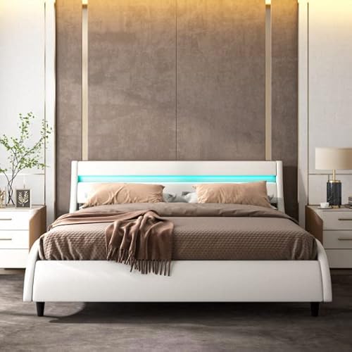 Ttview Queen Upholstered Smart Led Bed Frame With Headboard, Modern Faux Leather Wave-Like Platform Bed Frame, Low Profile Bed Frame With Solid Wood Slats Support, White #TOP2