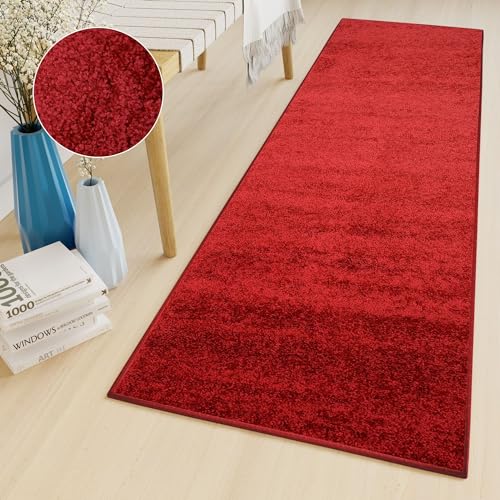 TAPISO Delhi Teppich Läufer Hochflor Shaggy Einfarbig Weich Flauschig Rot Design Modern Wohnzimmer Schlafzimmer Flur 60 x 200 cm