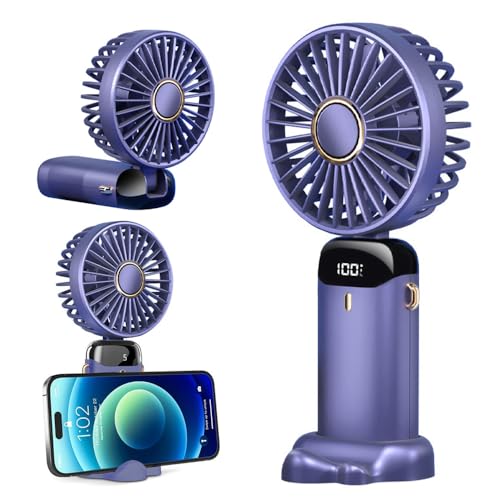 FONCBIEN Mini Ventilador Portátil, Ventilador USB Recargable con Pantalla LED 5 Velocidades Mini Ventilador Turbo Portátil 3 en 1 Mano/Escritorio/Cuello Plegable Ventilador