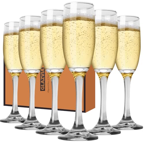 Glazvia Champagne Flutes Glasses Set Of 6-6Oz Elegant Glass, Classic Long Stem Clear Champagne Flute Gift For Wedding, Anniversaries, Parties, Birthday, Restaurant, Home Bar