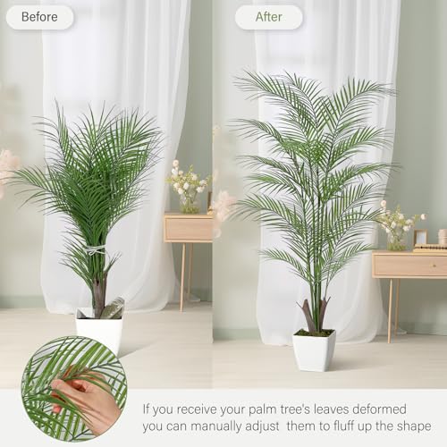 4FT Fake Palm Tree Faux Areca Palm Plants with 21 Full Lifelike Palm Leaves Realistic Trunks Fake Tropical Palm Tree for Indoor Home Office Outdoor Yard Décor with Trapezoidal Prism White Pot