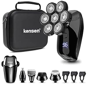Rasierer Herren Elektrisch,KENSEN 5 in 1 Glatzen Rasierer 7D Rotationsrasierer für Herren IPX6 Waterproof Kopf-Rasierapparat Nass und Trocken Rasierer Nasenhaartrimmer mit LCD und Gesichtsbürste