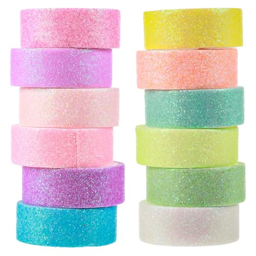 Xinjoduz 12 Rolls Glitter Washi Tape Set Sparkling Foil Colored Glitter DIY Washi Tape for Art Scrapbook Gift Wrapping and Craft Projects