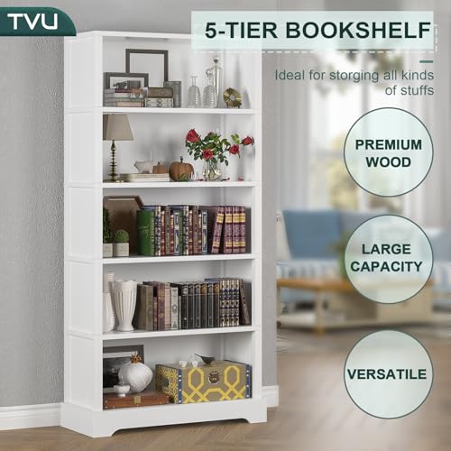 Image of TVU 5-Tier Wooden Book shelf, 65 inchH x 31.5 inchW x 9.9 inchD Bookshelf with Storage, Floor-Standing Display Bookcase, Farmhouse Style Bookshelf with Arched Base, Suitable for Living Room, Study, Office, White