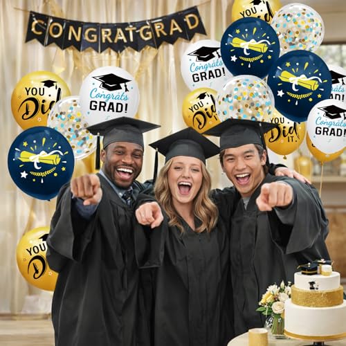 Image of Graduation Decorations 2026 - Graduation Balloons 62pcs 12 Inch Navy Blue Gold White Grad Print Latex Confetti Balloon for College High School Class of 2026 Congrats Grad Party Decor Supplies (Ribbon)
