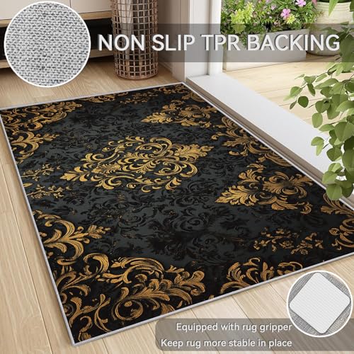 Tapete corredor Damask 2x3 ft negro y dorado miniatura 4