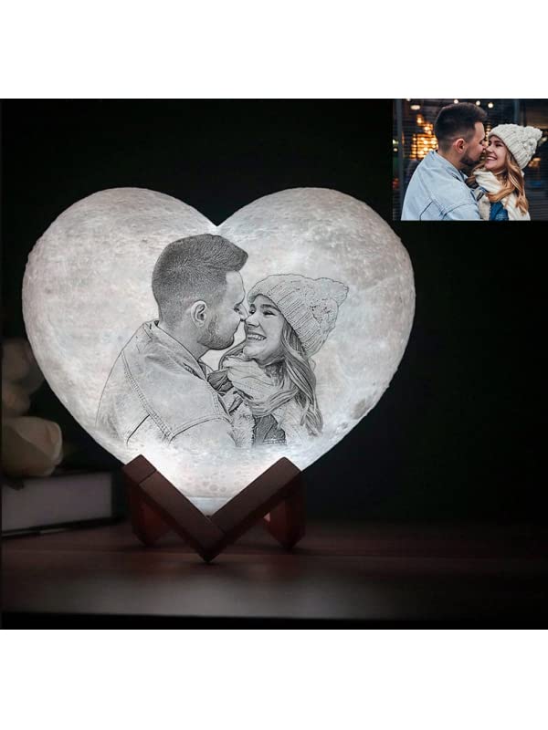 AMAE Rechargeable Heart Shape Customized Lamp with Picture and Text, Gifts for Birthday, Wedding, Romantic Gift, Valentine's Day (18 cm, 3 Colors with Wooden Stand)- Touch Operated