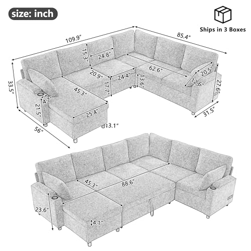 Image of ERYE 110-Inch U-Shaped Left Facing Sleeper Sectional Sofa Chenille Upholstered Corner Convertible Pull Out Sleeper Sofabed with Cupholders,Armrests Storage and USB Ports