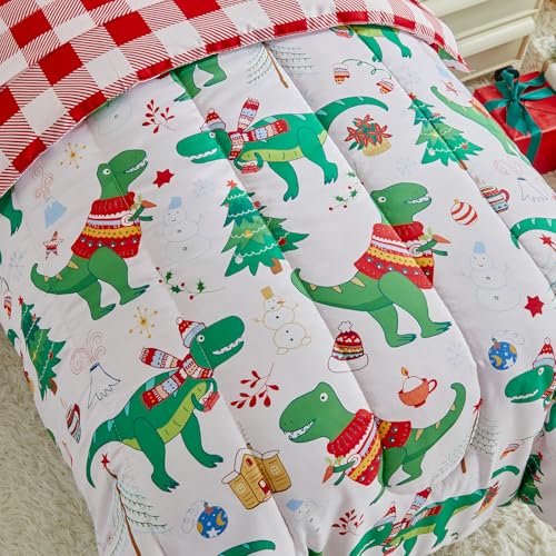 Image of Christmas Toddler Bedding Set for Boys Girls Green Dinosaur Colorful Holiday Toddler Bed Set - Soft Toddler White Bed in a Bag with Red Plaid Sheet Set and Pillow Shams