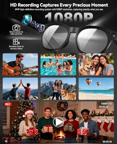 Image of Smart Camera Glasses - 8MP HD Camera and Bluetooth Audio, 1080P Video& Photo, Record, Translation, AI Assistant, Object Recognition, Music&Call, 1*Sunglasses Lenses