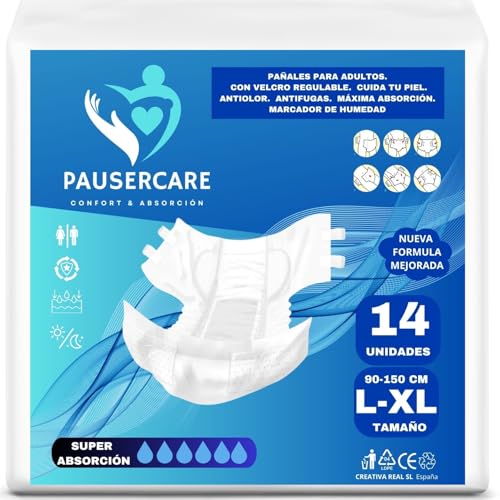 PAUSERCARE Pañales Adulto Unisex | Super Absorbentes Para Incontinencia | Hombres & Mujeres | 14 Unidades Desechables | Máxima Absorción Día y Noche (TALLA L-XL)