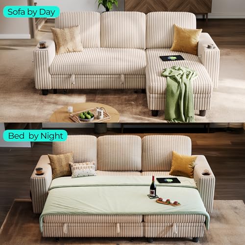 Image of LINSY HOME Modular Sectional Couch with Pull Out Bed, 81 inch L Shape(3 Seats) Sofa with Storage Chaise, Corduroy Convertible Sofa Bed, USB, Cup Holders, Side Pocket, Sleeper Sofa for Living Room, Beige