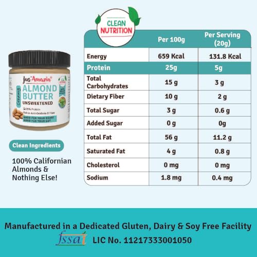 Image of Jus' Amazin Creamy Almond Butter - Unsweetened (200 g) | 25% Protein | Only Pure Whole Almonds | Zero Additives /Chemicals | Plant Based, Dairy Free, Keto | Clean Nutrition, 0% Chemicals.