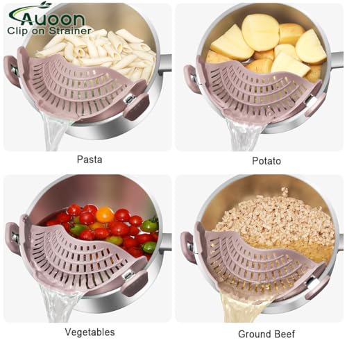 Image of Large AUOON Clip on Strainer for All Pots and Pans - Oversized Silicone Pot Strainer Family-Style Design Pasta Strainer Kitchen Colander for Spaghetti and Noodles | Dishwasher Safe