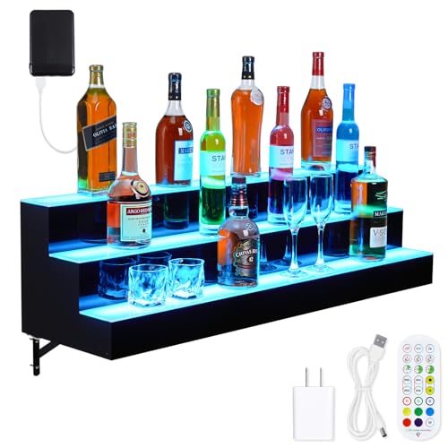 Led Lighted Liquor Bottle Display Shelf, Suspension Type, 3 Layer 30 Inch, Remote & App Control, Acrylic with Wine Holder Slots, Multi Functional Wine Rack