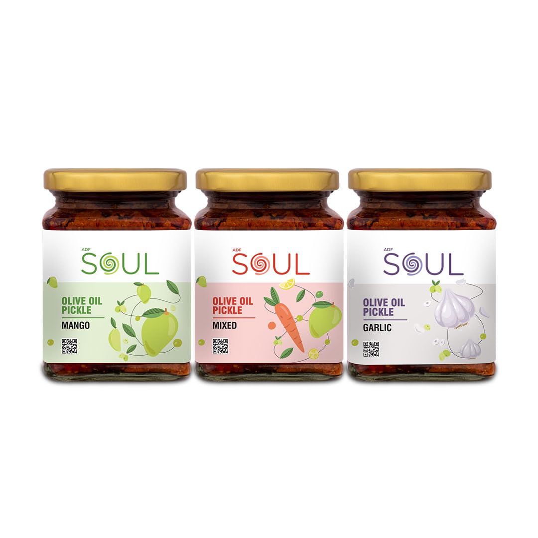 ADF Soul Pickle In Olive Oil Combo Pack Of 3(Mango Pickle 265Gm + Mixed Pickle 275Gm + Garlic Pickle 275Gm)