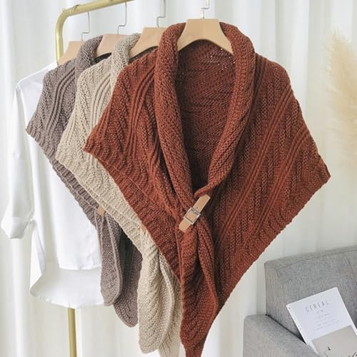 Triangle Shawl for Women Knitted Hollow Shoulder Cape Open Cover Up with Leather Buckle Spring Fall Fashion Warp2