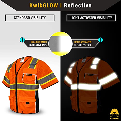 KwikSafety - Charlotte, NC - EXECUTIVE Safety Vest [10 POCKETS] Class 3 ANSI OSHA High Visibility Reflective Heavy Duty MeshPocket HiVis Men Construction Work Gear/Orange Large - Thumbnail 3