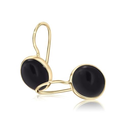 14K Gold Onyx Earrings - 14K Solid Yellow Gold Black Gemstone Drop Earrings, Dainty 8mm Round Stone, December Birthstone Leo Star Sign Birthday,