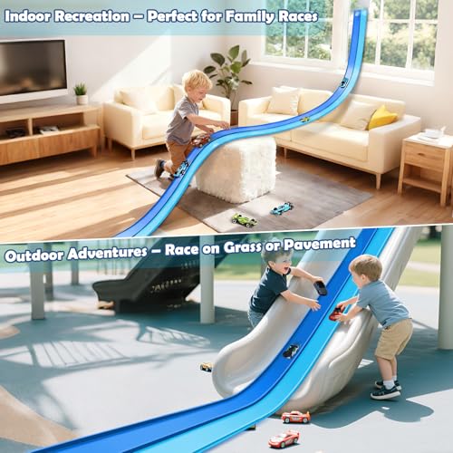 Image of Flex Tracks 15 Ft Starter Set, Flexible Race Track for Kids 3+ with Strong Suction Cups, Flexible Car Track Race Car Ramp Track Compatible with 1 /64 Diecast Cars, Portable Rolls Up Race Tracks