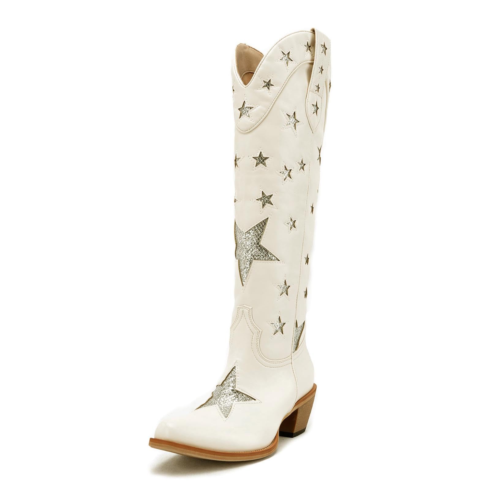 GORBINETI Women Star Cowboy Boots Black and White Cowgirl Boots Mid Calf Western Boots Stars Boots Pull on
