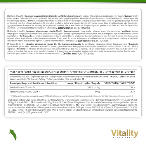Vitamin D3 K2 Hochdosiert Vitamin D 5000 IE & K2 200 mcg Premium All Trans MK7. 90 Mini-Kapseln Hochdosiert. hohe Bioverfügbarkeit, frei von Zusatzstoffen. Vitality Nutritionals by VitaminExpress