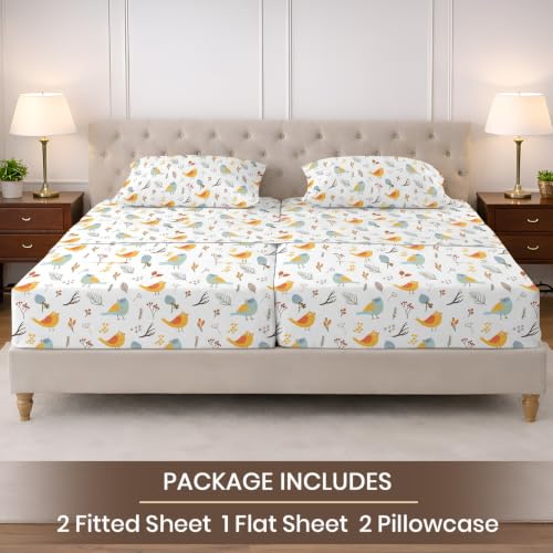 Image of SGI Split King Sheet Set for Adjustable Bed Egyptian Premium Cotton 600 Thread Count Sheets for Sleep Number Bed 15 inch Deep Pocket 5 Pc Set with 2 Twin XL Fitted Sheets Soft Breathable - Spring Bird