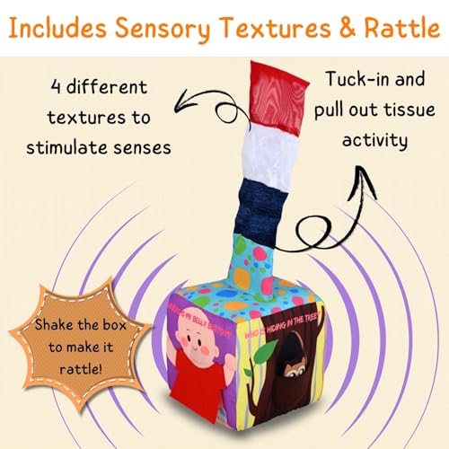 Image of Seraphina Montessori 7 in 1 Activity Cube for Babies | Interactive, Educational & Learning Sensory Toy for Kids | Tissue Box Toy| Fabric Cube with Mirror, Rattle, Squeaker & Textures
