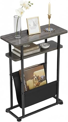 Mesa auxiliar estrecha y pequeña para espacios pequeños, mesa auxiliar delgada con revistero, mesa auxiliar estrecha para sala de estar, sofá,
